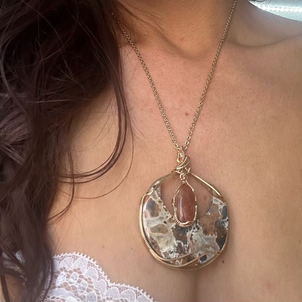 Gold Lunula Crescent Moon Sunstone and Maligano Jasper with a Golf Fill Chain
